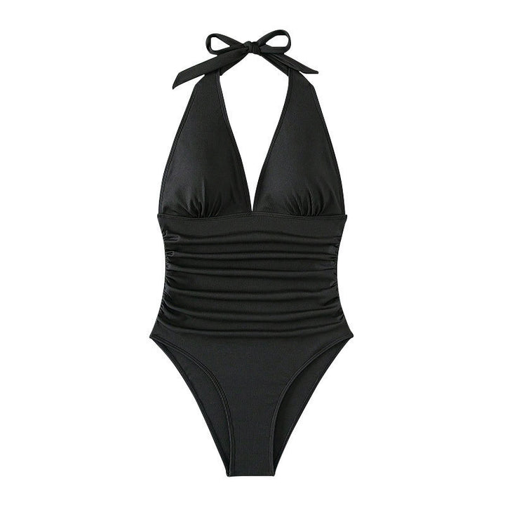Women's one-piece swimsuit with deep V-neckline and fine ribbed texture StylebySassy