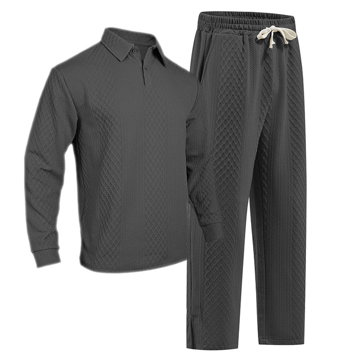 Men's jacquard knit set with polo collar, relaxed fit and straight pants StylebySassy