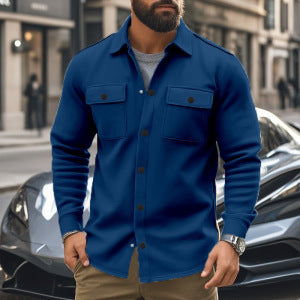 Men's fashionable overshirt jacket in felt look with patch breast pockets and visible snap button placket StylebySassy
