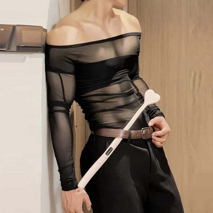 Ladies' sheer mesh long sleeve top with opaque chest band and wide round neckline StylebySassy