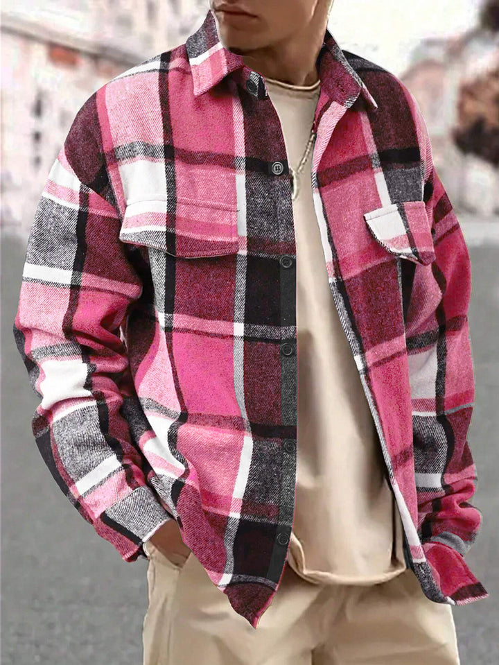 Men's oversized check shirt jacket made of soft flannel with patch chest pockets StylebySassy
