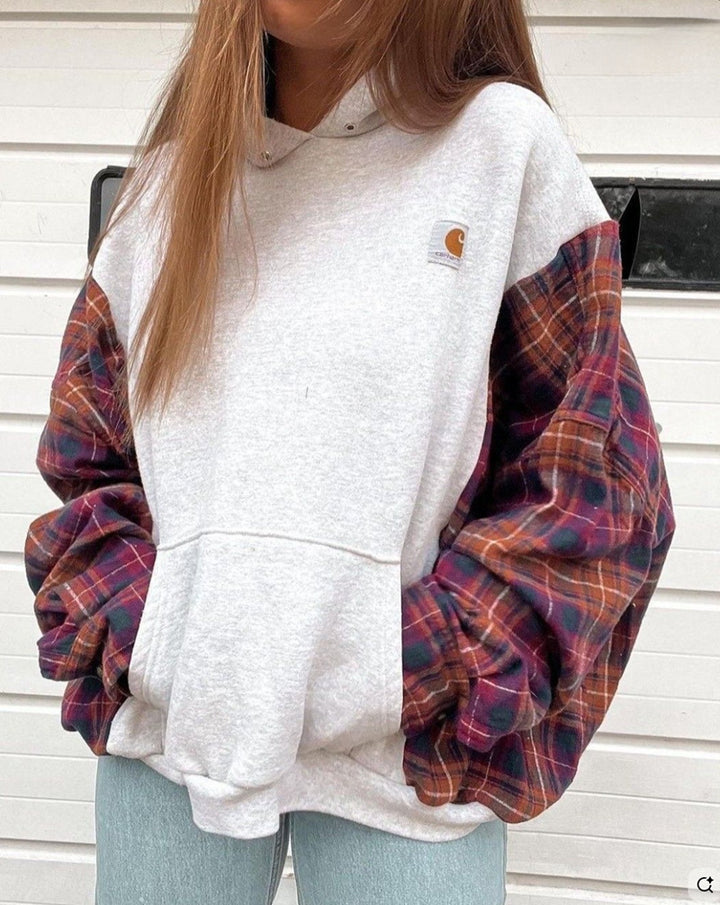 Women's oversized hoodie with checkered flannel sleeves and kangaroo pocket StylebySassy
