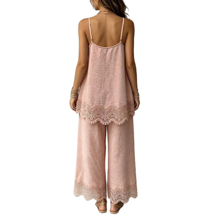 Ladies lightweight two-piece set with spaghetti strap top, intricate lace hem, and wide palazzo pants StylebySassy