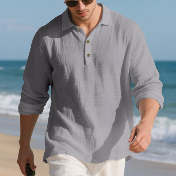 Men's casual linen henley shirt with polo collar and triple button placket StylebySassy