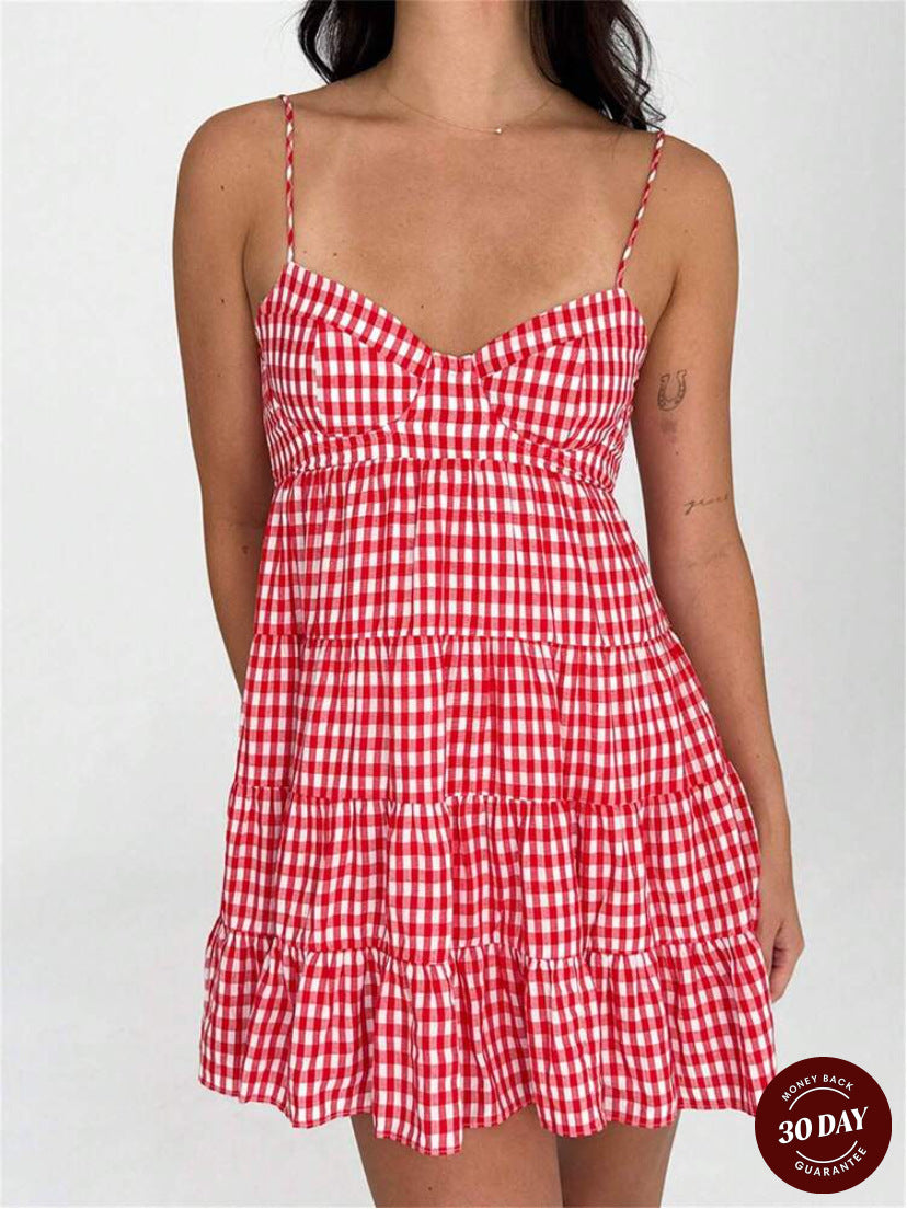 Women's airy checkered strap dress with heart-shaped neckline and tiered ruffle skirt StylebySassy
