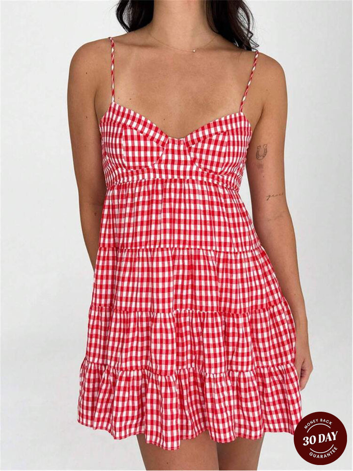 Women's airy checkered strap dress with heart-shaped neckline and tiered ruffle skirt StylebySassy