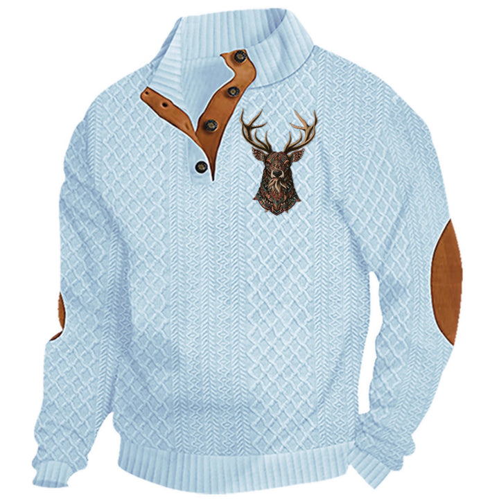 Men's nan Heritage textured pullover with stand-up collar faux leather trim elbow patches and half-button placket StylebySassy