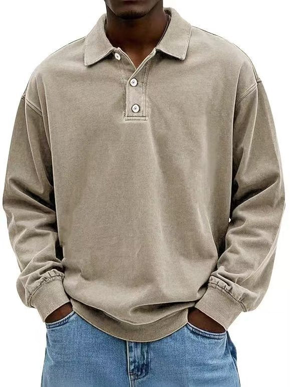 Men's casual polo shirt sweatshirt with collar, vintage wash and three-piece button placket StylebySassy