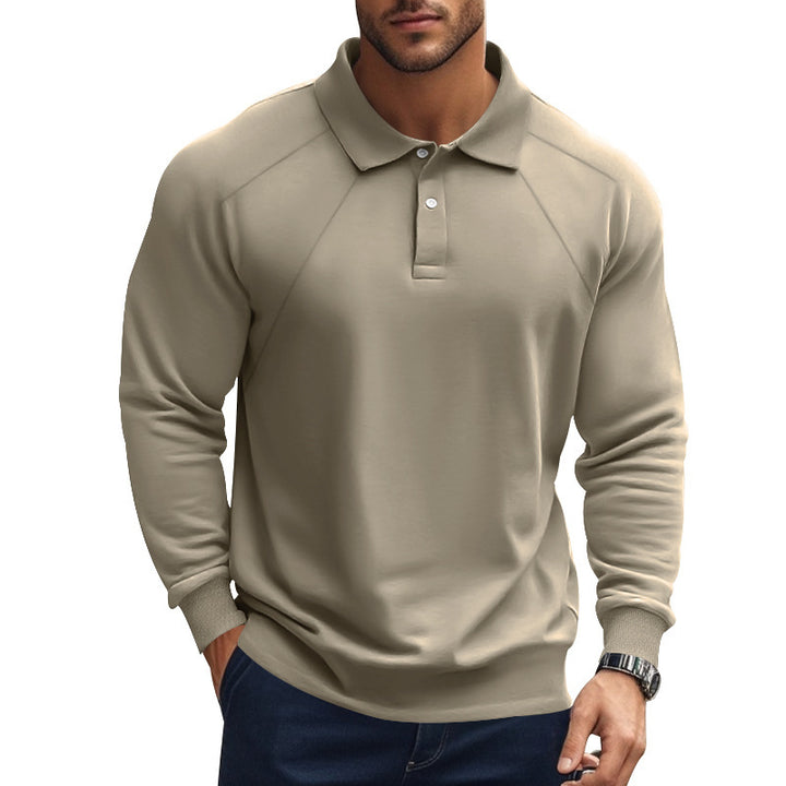 Men's long-sleeved polo shirt with raglan sleeves, short button placket and ribbed cuffs StylebySassy