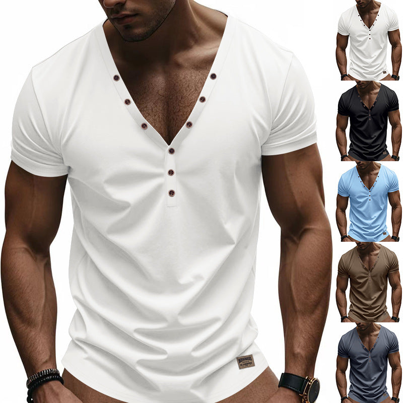 Men's slim fit athletic Henley shirt with extended button placket and cotton stretch StylebySassy