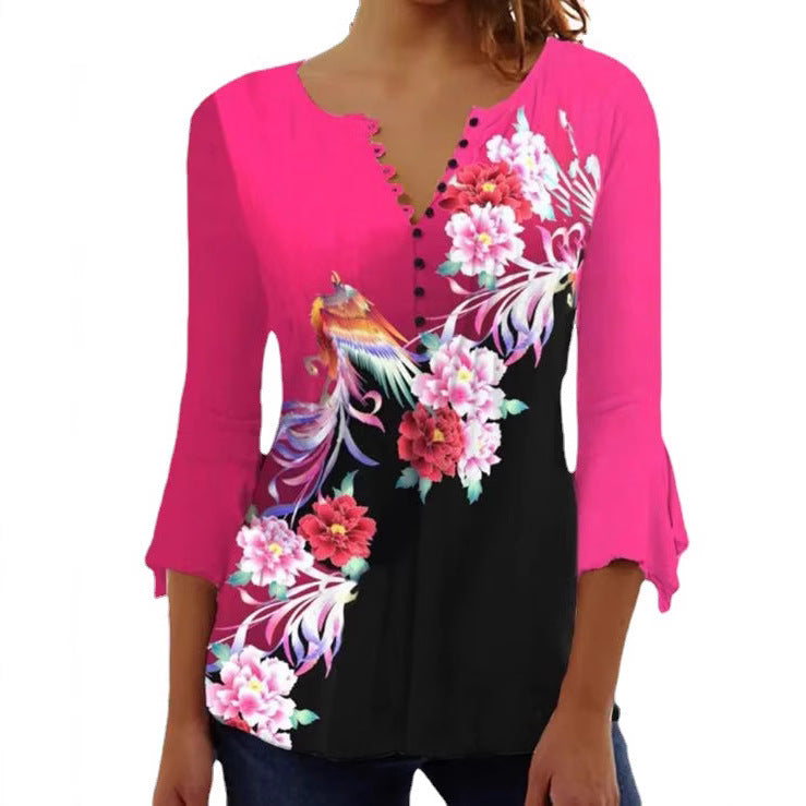 Women's V-neck tunic blouse with floral bird pattern, three-quarter flounce sleeves and figure-flattering hem StylebySassy