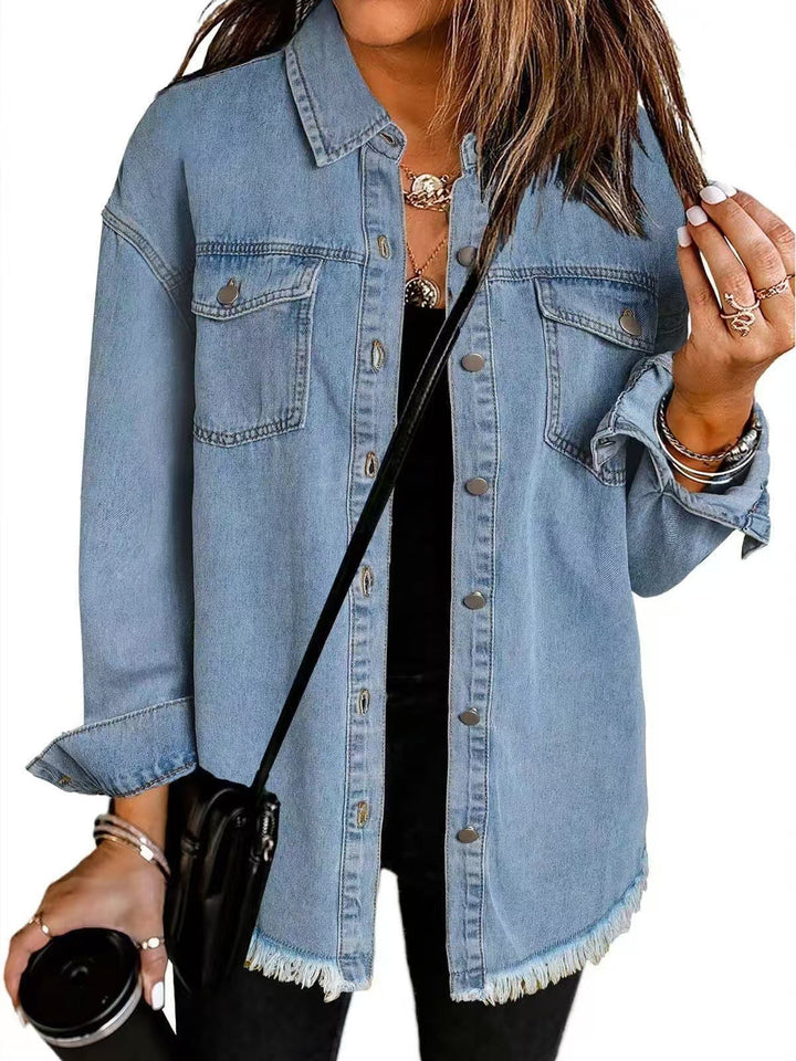 Women's Collared Button Front Jacket with Frayed Hem