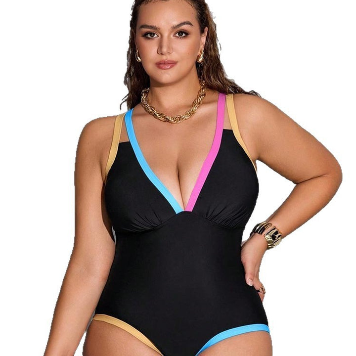 Ladies one-piece swimsuit with fashionable V-neckline and colorful straps StylebySassy
