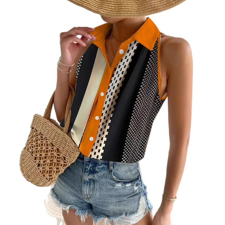 Women's sleeveless shirt top with pointed collar, contrasting button placket and geometric dot and stripe pattern StylebySassy