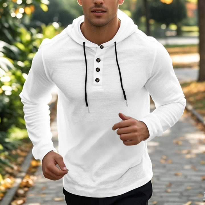 Men's casual hoodie in Henley style with button placket and adjustable drawstring StylebySassy