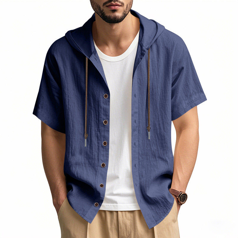 Men's breathable short sleeve hoodie made of linen blend with wooden button placket and drawstring StylebySassy