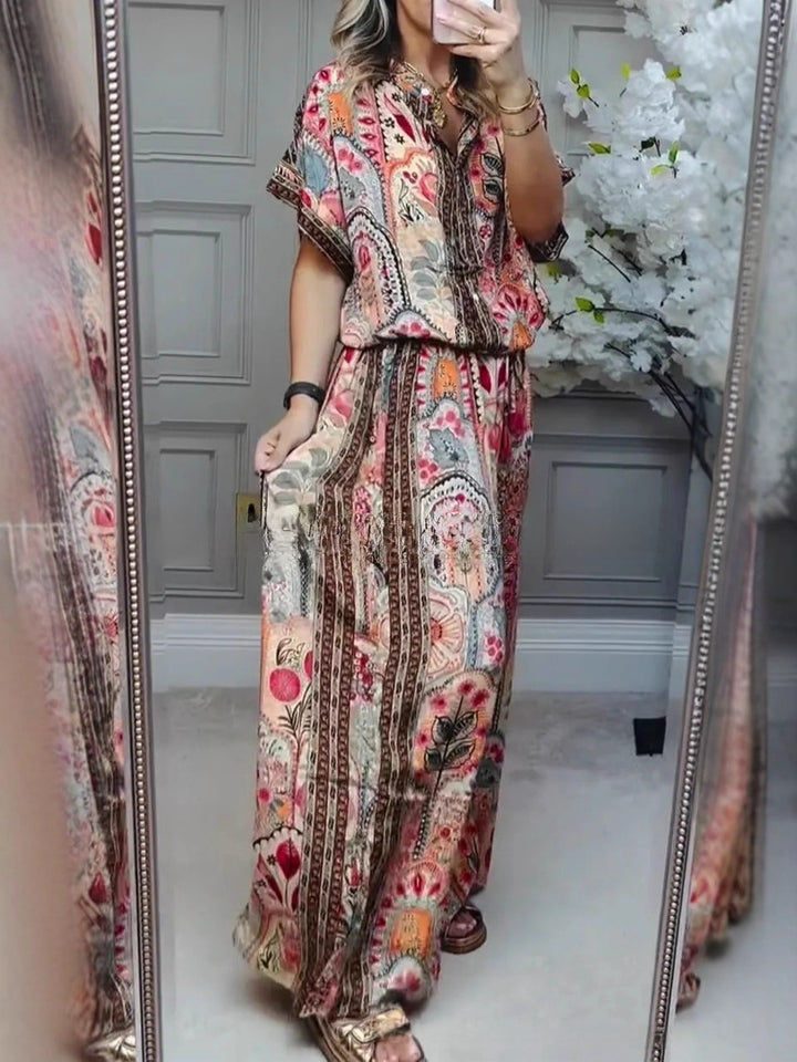 Women's Boho two-piece made of lightweight viscose with short-sleeve blouse, button placket, drawstring waistband, and wide palazzo pants StylebySassy