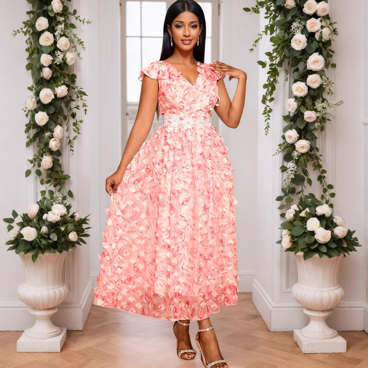 Women Elegant Maxi Dress with Floral Ruffles