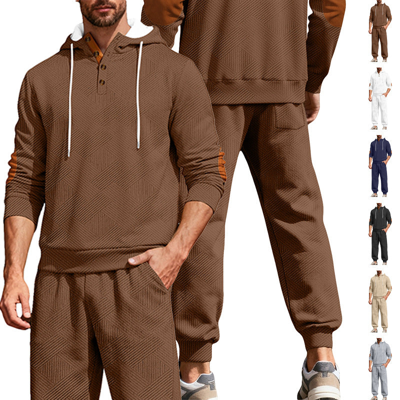 Men's textured hoodie jogging set with Henley button placket and contrast elbow patches StylebySassy