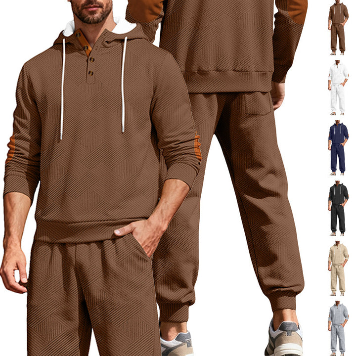 Men's textured hoodie jogging set with Henley button placket and contrast elbow patches StylebySassy