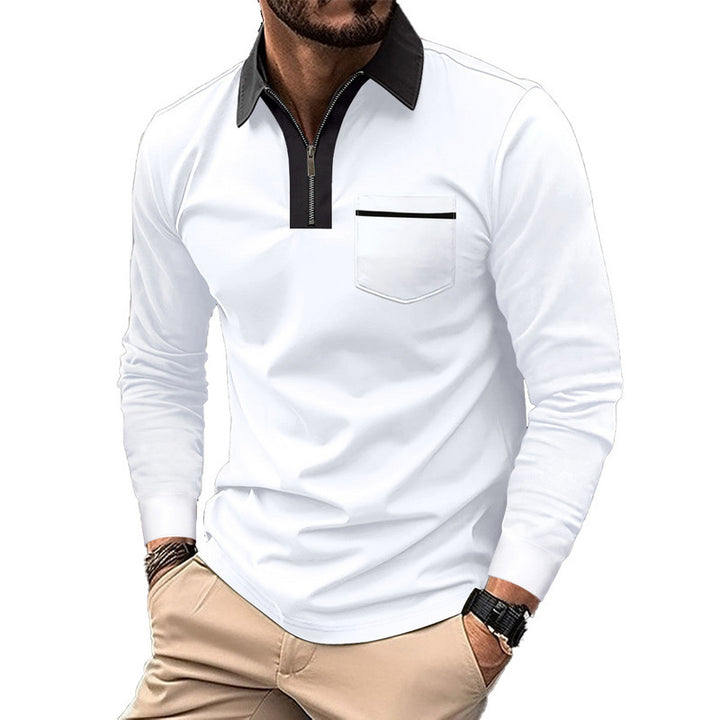 Men's elegant long-sleeve polo shirt with distinctive stand-up collar metal short zip and chest pocket StylebySassy