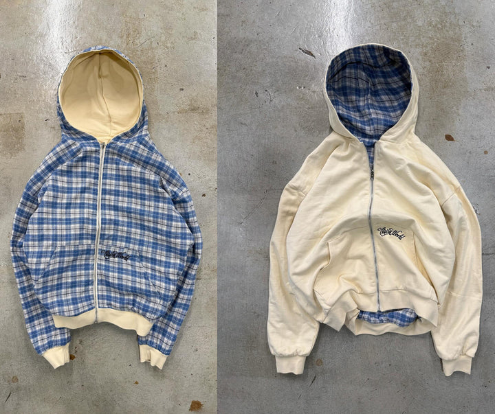 Unisex nan reversible hoodie jacket with checked lining, full zip and kangaroo pocket StylebySassy