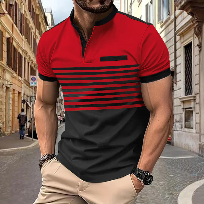 Men's short-sleeved striped short-sleeve shirt with button placket, stand-up collar and chest piping StylebySassy