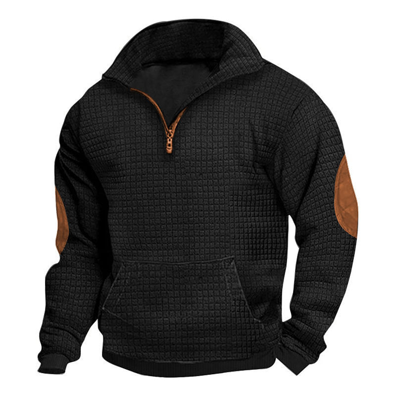 Men's thermo-regulating waffle knit half-zip pullover with kangaroo pocket and faux leather elbow patches StylebySassy