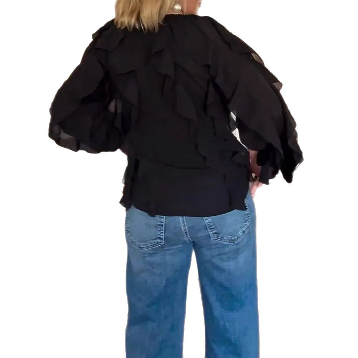 Women's semi-transparent layered ruffle blouse made of chiffon with balloon sleeves and hidden button placket StylebySassy