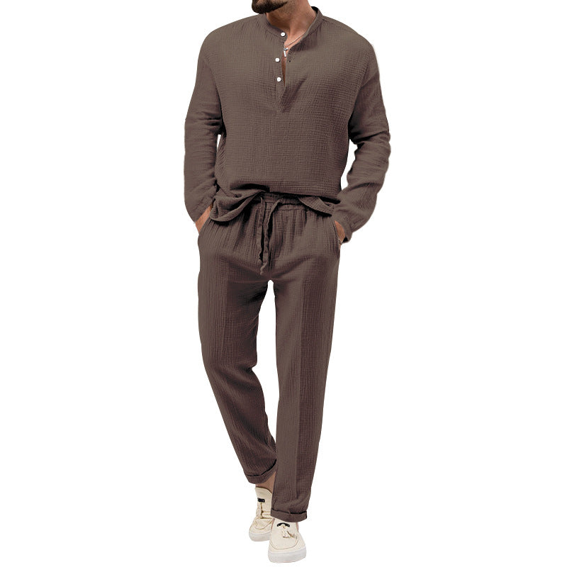 Men's muslin comfort set with semi-high collar and drawstring pants StylebySassy