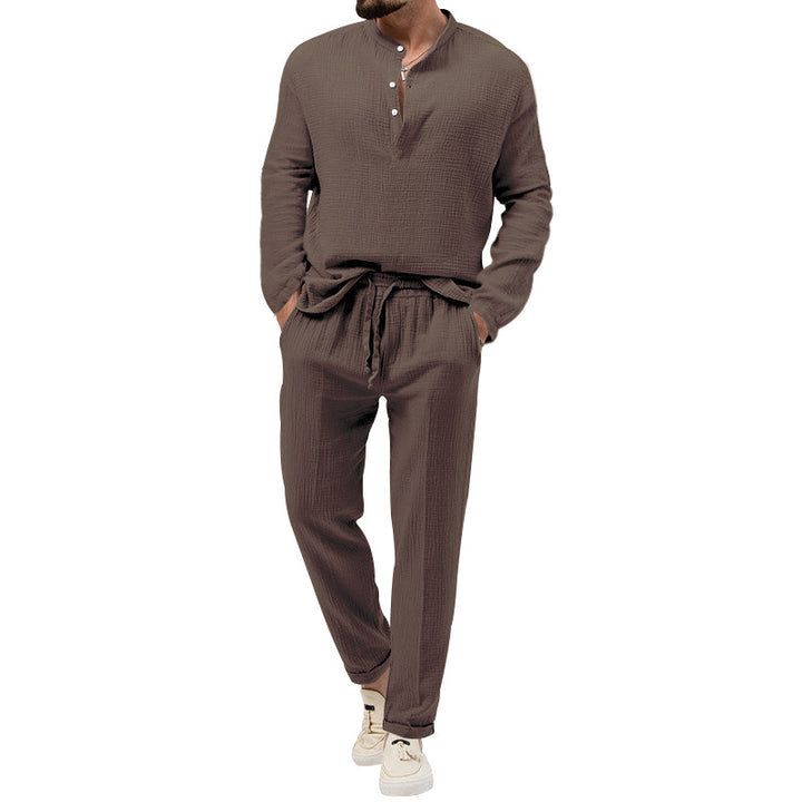 Men's muslin comfort set with semi-high collar and drawstring pants StylebySassy