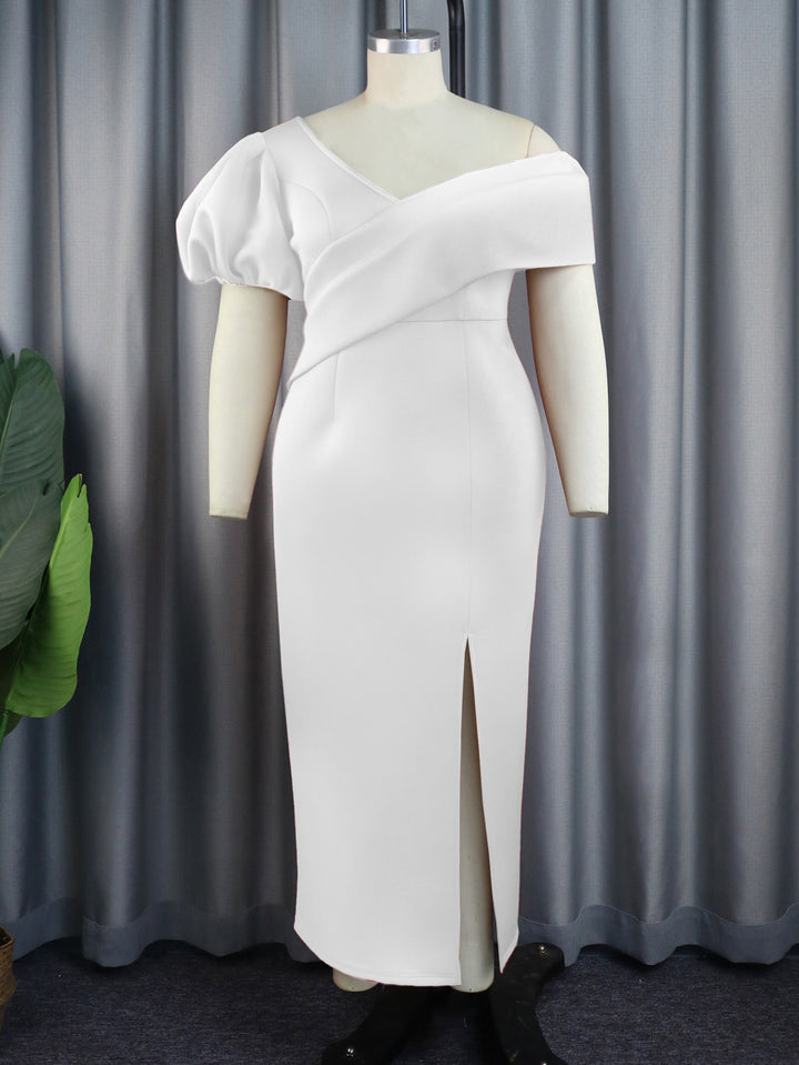 Women Elegant, figure-hugging evening dress with asymmetrical neckline and puff sleeves StylebySassy