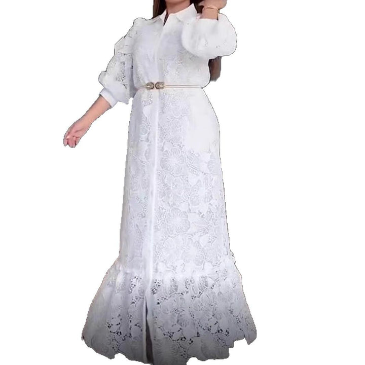 Ladies' maxi dress made of lace with shirt collar and puff sleeves StylebySassy