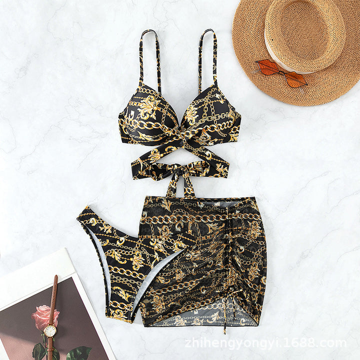 Women’s bikini with unconventional chain pattern and integrated skirt StylebySassy