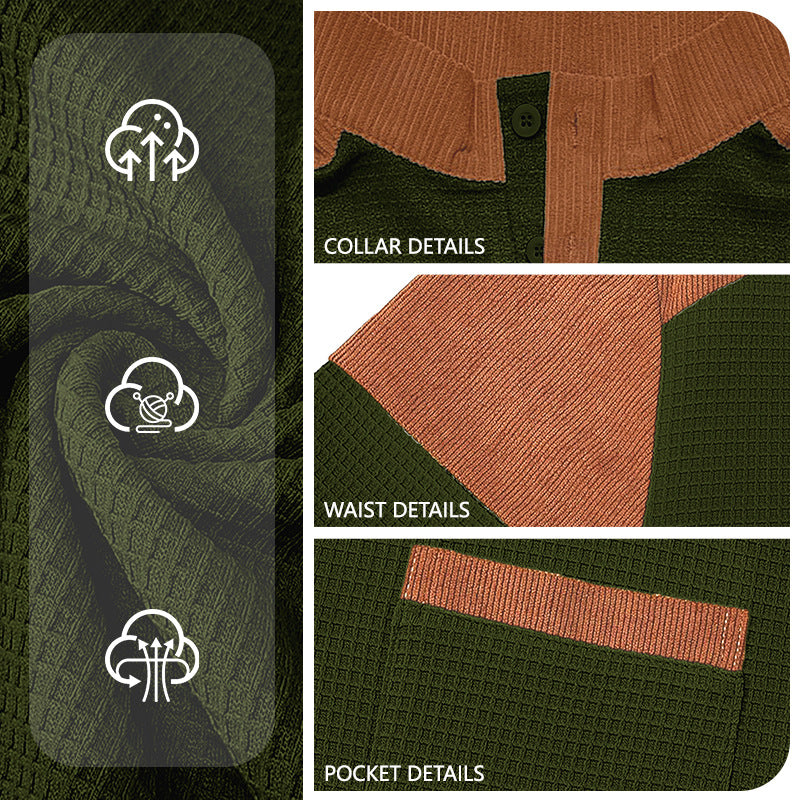 Men's waffle knit henley with stand-up collar, cord shoulder yoke and chest piping StylebySassy