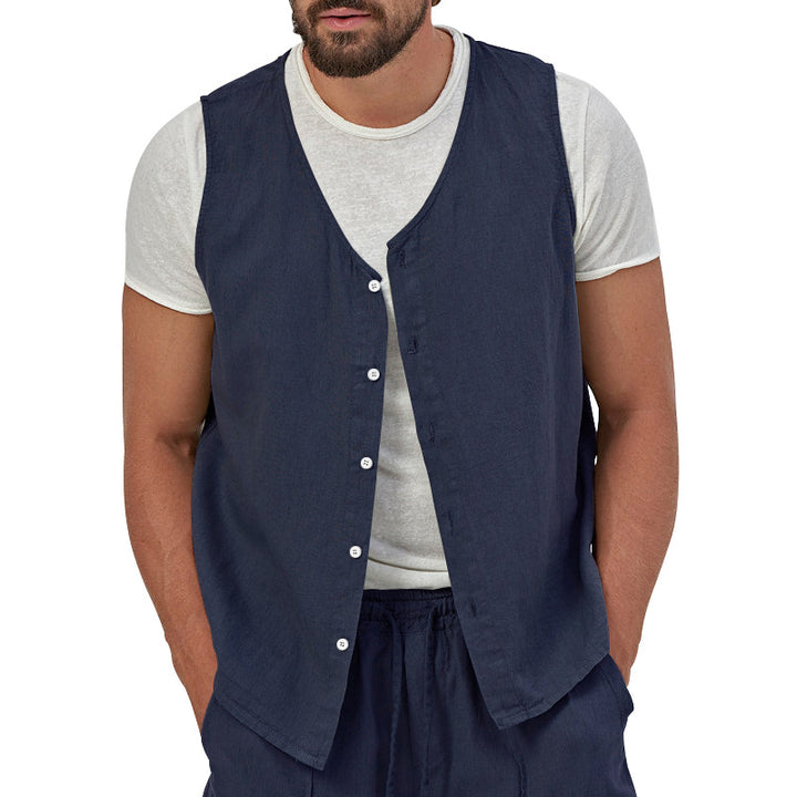 Men's casual sleeveless shirt waistcoat made of linen-cotton blend with V-neck and full button placket StylebySassy