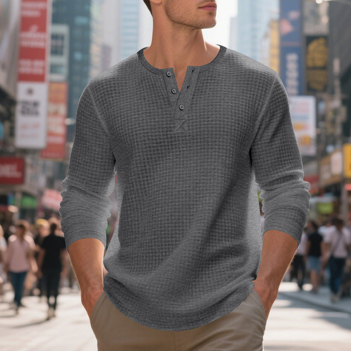 Men's nano thermoregulating waffle thermal shirt with short button placket and rounded hem StylebySassy