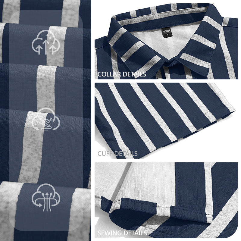 Men's casual short sleeve shirt with vertical block stripes, open lapel collar, and lightweight cotton-linen blend StylebySassy