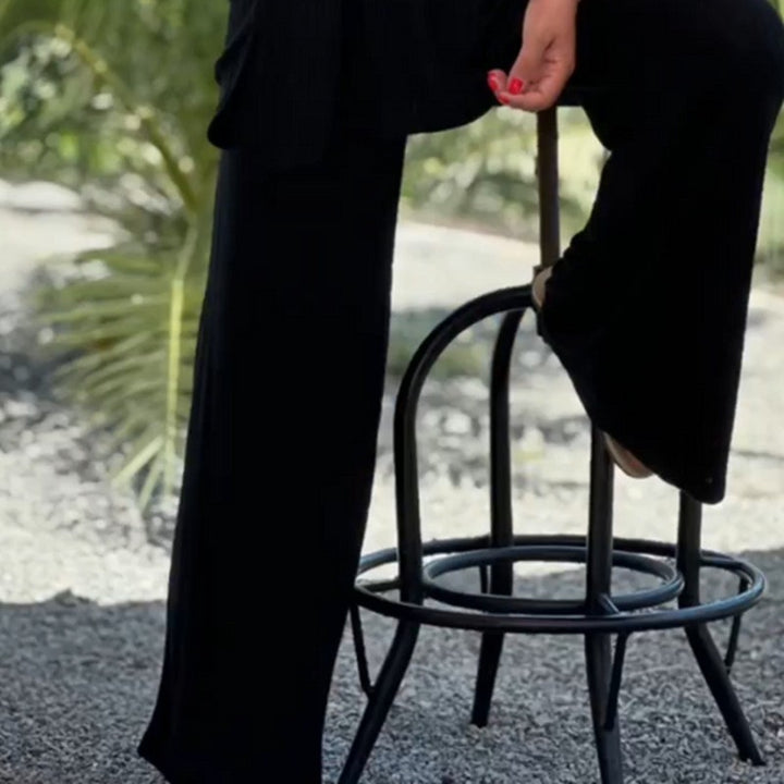 Women's two-piece travel and loungewear set made of soft ribbed jersey with a longline tunic and palazzo pants StylebySassy