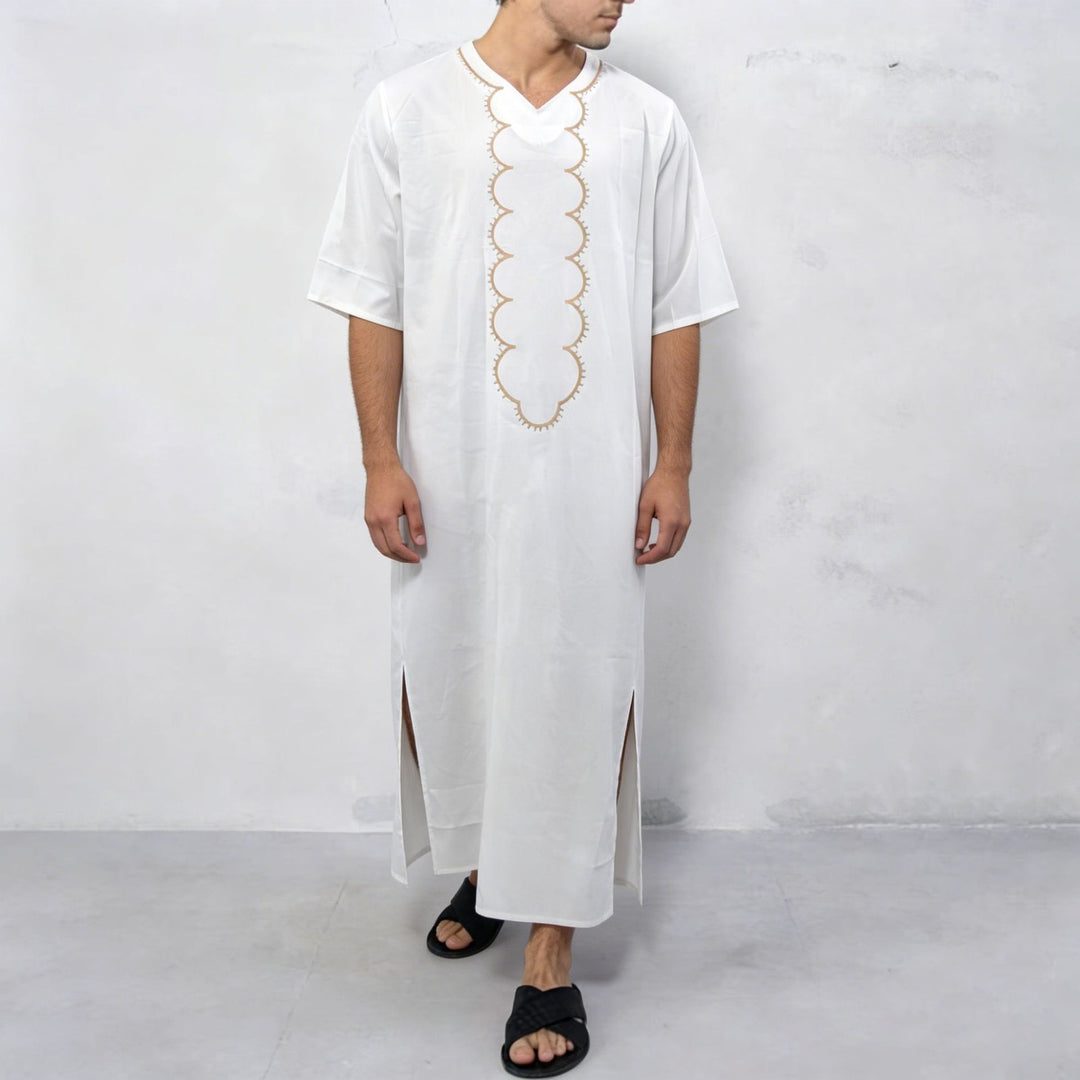 Men's striped Djellaba with decorative chest embroidery and side slit StylebySassy