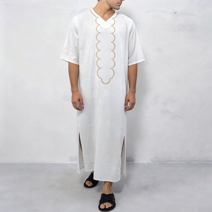 Men's striped Djellaba with decorative chest embroidery and side slit StylebySassy
