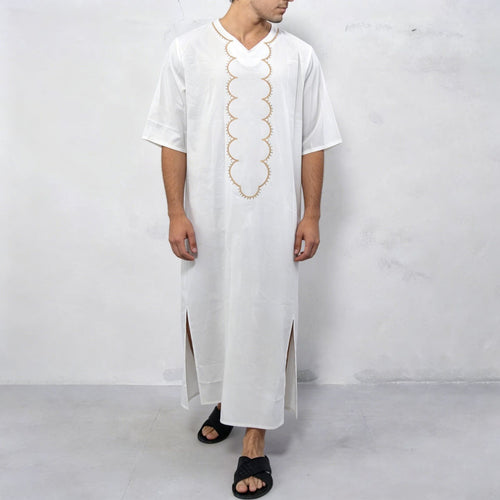 Men's striped Djellaba with decorative chest embroidery and side slit StylebySassy