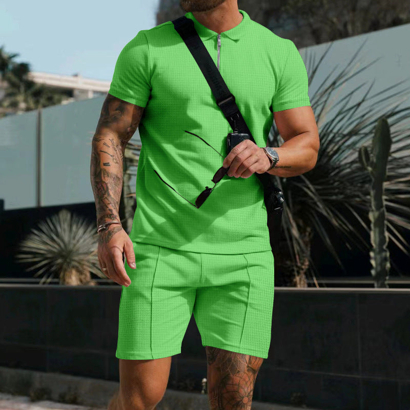 Men's casual polo shirt and chino shorts set with half zipper, textured jersey and subtle crease StylebySassy