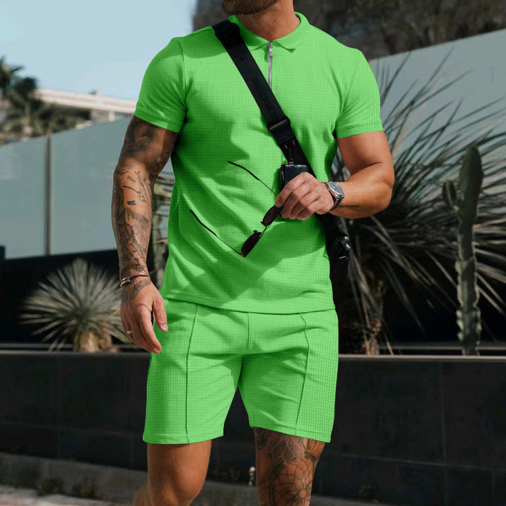 Men's casual polo shirt and chino shorts set with half zipper, textured jersey and subtle crease StylebySassy