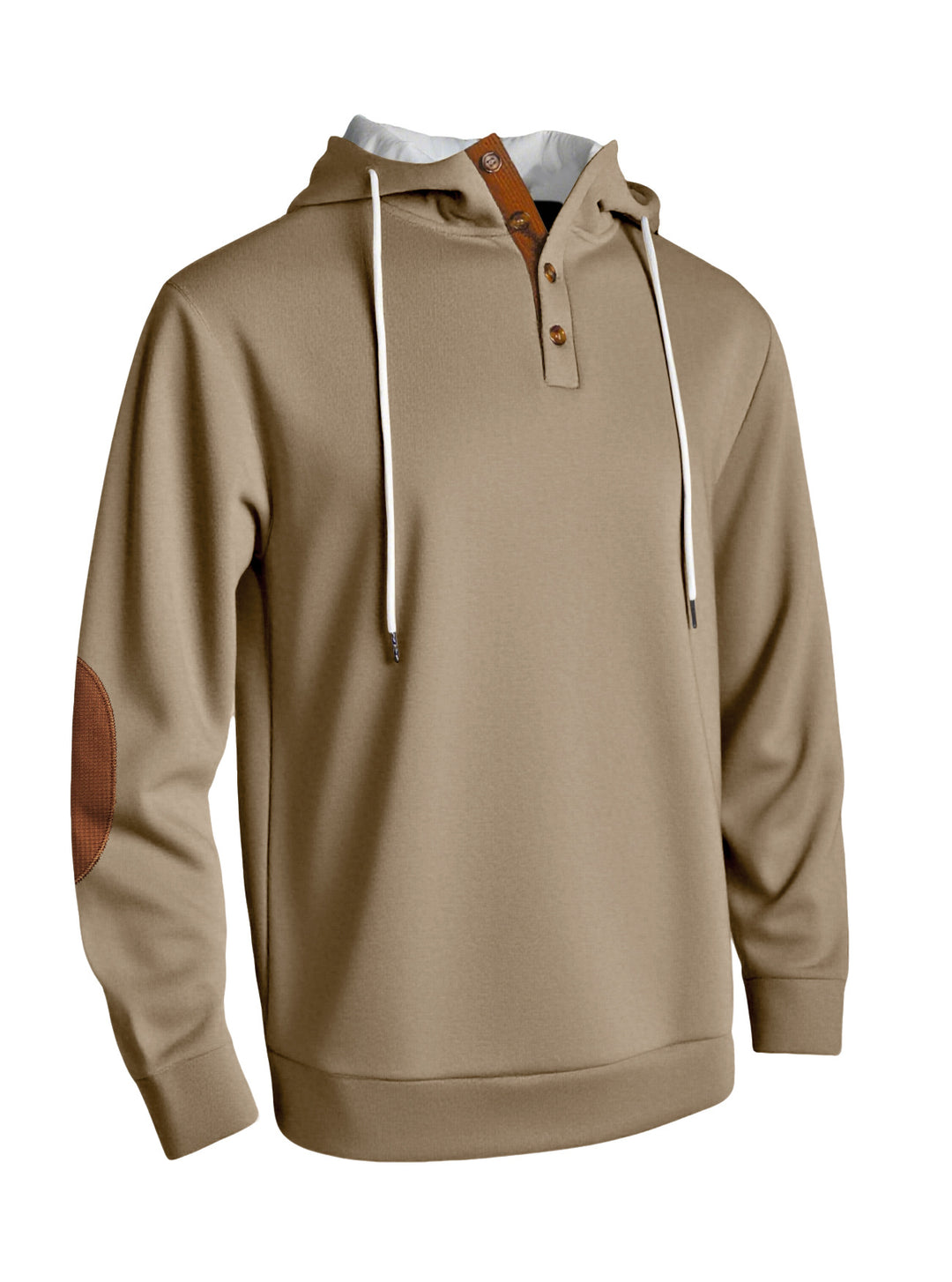 Men's hooded sweatshirt in a puristic leisure style with Henley button placket, contrasted hood interior, and elbow patches StylebySassy