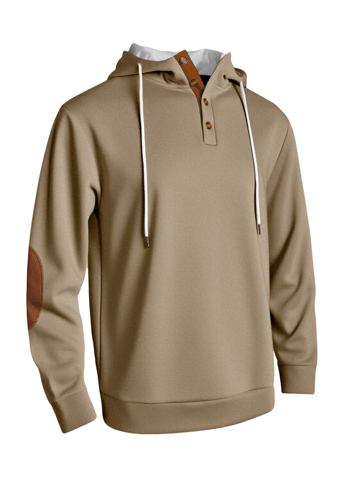 Men's hooded sweatshirt in a puristic leisure style with Henley button placket, contrasted hood interior, and elbow patches StylebySassy