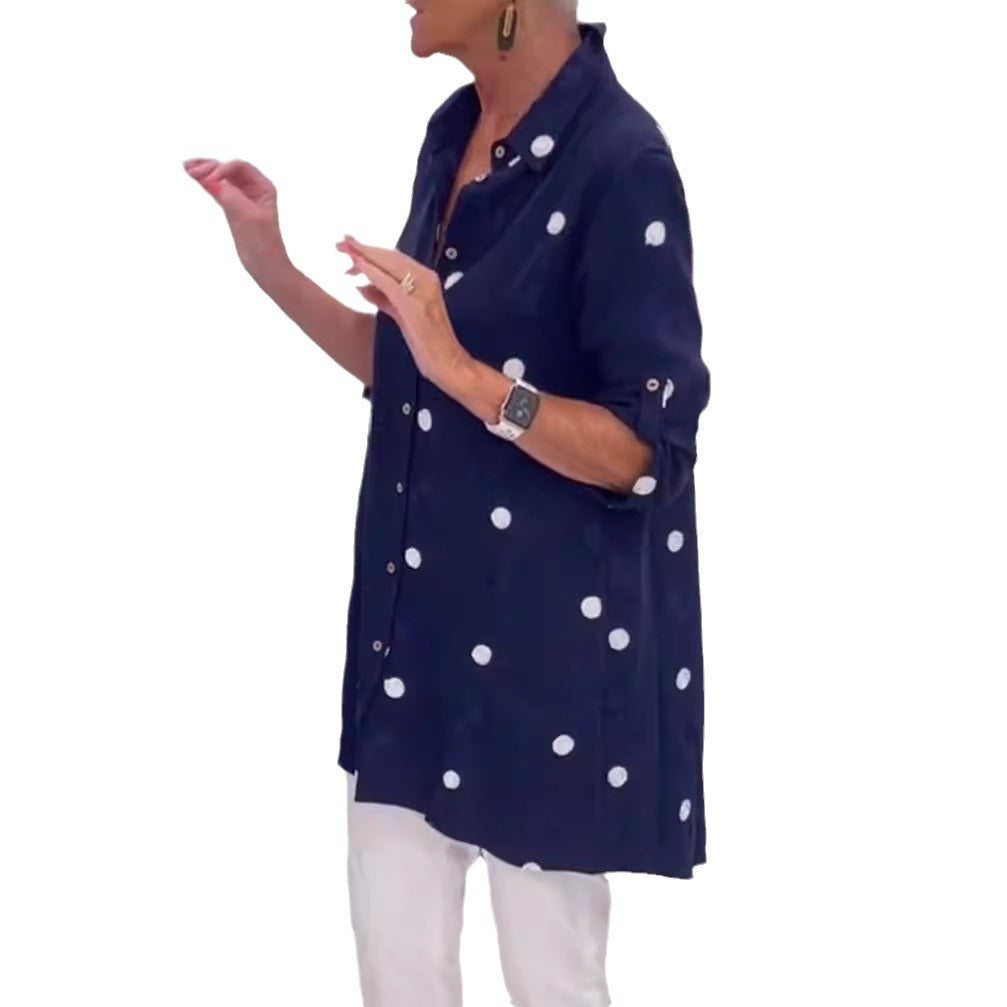 Women's light shirt-tunic with polka dot pattern, rolled sleeves, and wooden buttons StylebySassy