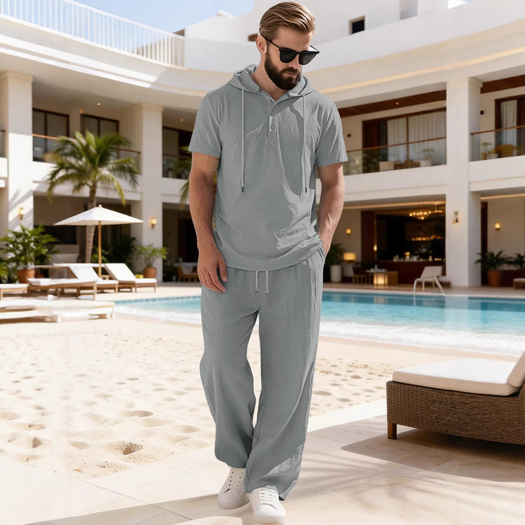 Men's casual short-sleeve hooded shirt in crinkled cotton blend with Henley button placket StylebySassy