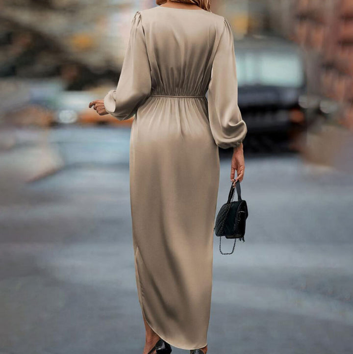 Women's elegant satin midi dress with twist waist V-neck and balloon sleeves StylebySassy