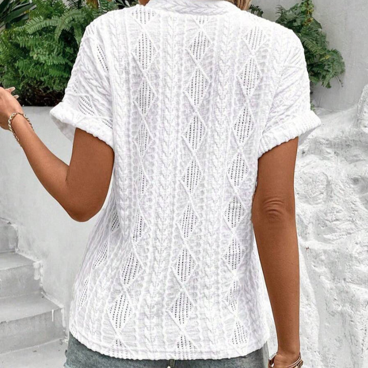 Ladies light ajour knit tunic with V-neck, diamond pattern and rolled-up sleeves StylebySassy